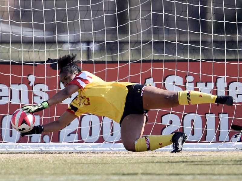 University of Maryland goalkeeper Kennedy Tolson was diagnosed with COVID-19 twice in 2020. (Photo by Hannah Lewandoski)