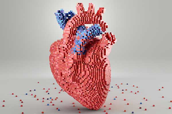 Stylized graphic of an anatomical heart created from small square blocks. 