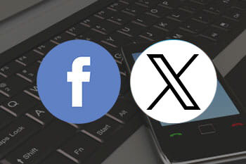 Facebook and Twitter logos on top of a photo showing a keyboard and a phone.