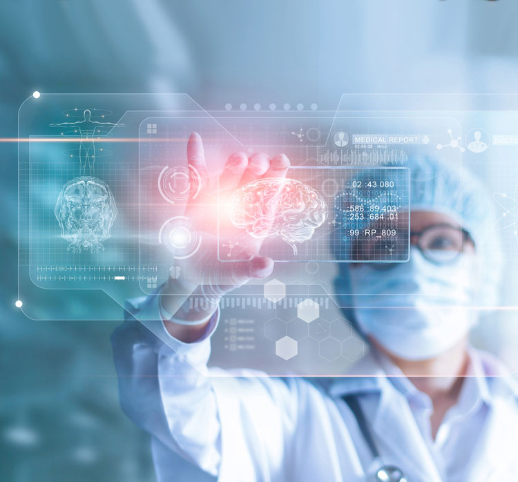 Masked doctor with hologram report