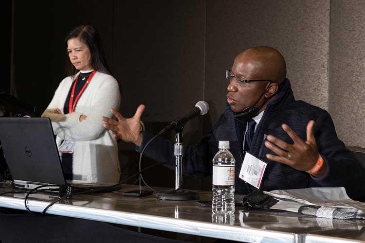 Bruce Ovbiagele MD speaks during HEADS-UP Pre-Con: Health Equity and Actionable Disparities in Stroke: Understanding and Problem-solving. The symposium is part of ISC22 in New Orleans, LA.
