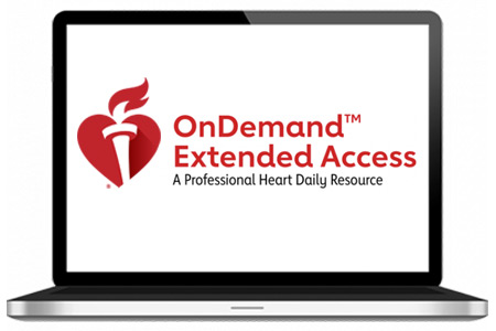 Laptop computer with AHA Heart and Torch Logo and words reading: OnDemand Extended Access: A Professional Heart Daily Resource