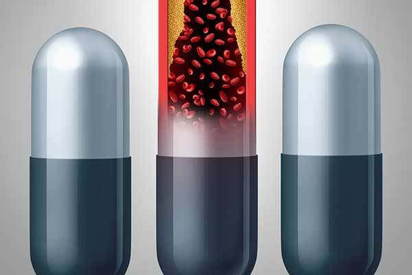 Illustration of capsule medications -- one has narrowed arteries