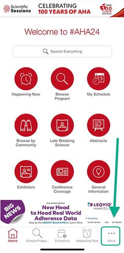 A view of the AHA conferences mobile app highlighting the MORE button