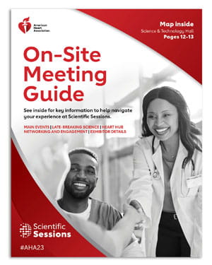 Picture of the cover of the AHA23 Onsite Meeting Guide, available onsite in Philadelphia. 
