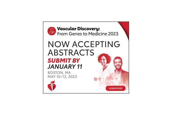 Thumbnail image of graphic that reads,  Vascular Discovery 2023: From Genes to Medicine. Now Accepting Abstracts. Submit by January 11. Boston, MA. May 10-13, 2023.