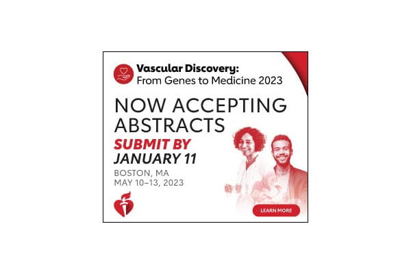 Thumbnail image of graphic that reads, Vascular Discovery 2023: From Genes to Medicine. Now Accepting Abstracts. Submit by January 11. Boston, MA. May 10-13, 2023.