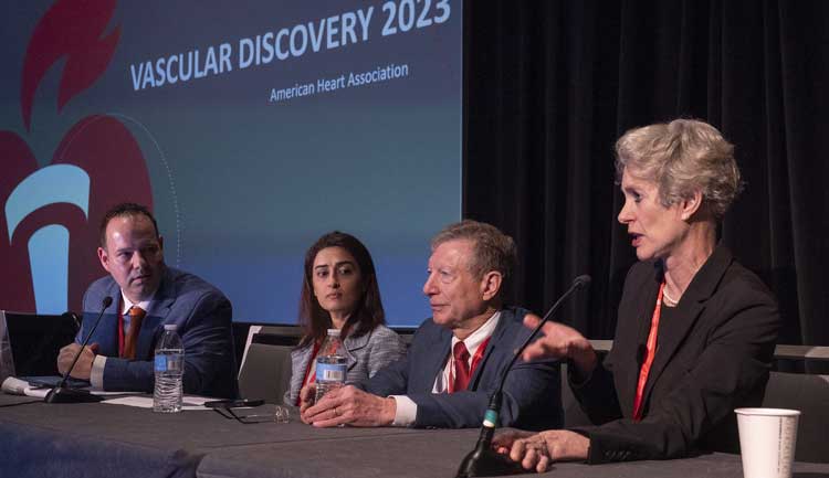 Panelists talk during Concurrent Session 3c: Translational Science in Vascular Disease: Updates from the AHA Strategically Focused Vascular Disease Research Network, at Vascular Discovery 2023 in Boston, Mass.