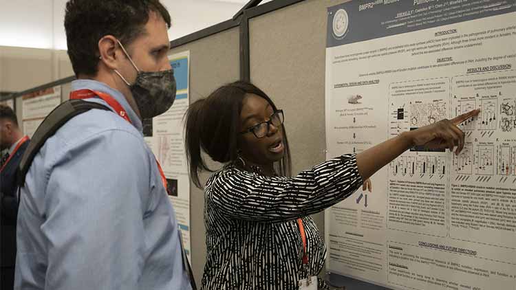 Attendees at the Vascular Discovery 2022 conference in Chicago are pointing discussing a poster presentation.