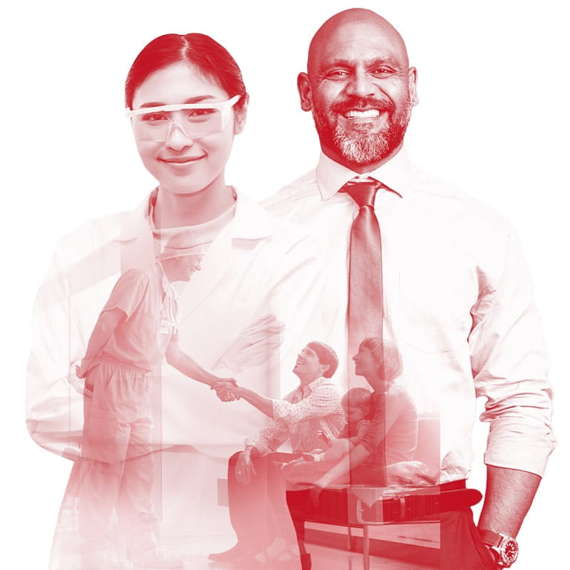 A red monochromatic image of a young, smiling Asian female researcher in a white lab coat and safety glasses and a smiling middle-age bearded, bald man in a dress shirt and tie side-by-side. There is a superimposed image of a surgeon in scrubs shaking hands with two family members superimposed on the lower half of the image.