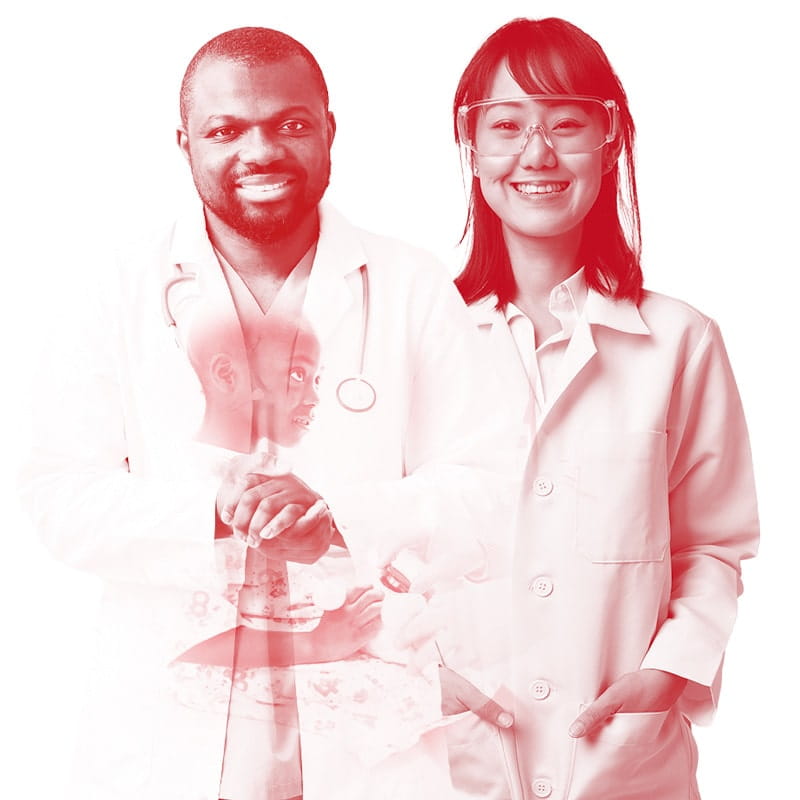 A red monochromatic image of a young, smiling black male doctor in a white coat with a stethoscope around his neck and a young, smiling Asian female researcher side-by-side with a young, black child in a doctor’s office superimposed on the male doctor’s lab coat.