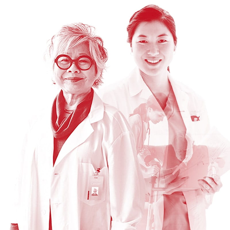 A red monochromatic image of a young, smiling Asian female doctor dressed in scrubs and a white lab coat next to a smiling older female doctor wearing glasses and a white lab coat. There is There is an image of young female nurse helping an elderly man stand up using a walker superimposed on the young doctor’s body.