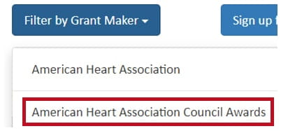 Screenshot from the ProposalCentral Council Awards Application System that show a visual for the following instructional steps: 1. Select the blue button to the left of the screen above the table to Filter by Grant Maker. 2. Select American Heart Association Council Awards.
