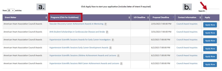 Screenshot from the ProposalCentral Council Awards Application System that show a visual for the following instructional steps: 4. In the second column under Programs, you will see a list of open award programs. Each program may have one or more available awards from which to select: a. Click a program name to take you back to the PHD awards page for information about the award(s) you have selected. b. To select a program and start the application, click the Apply Now button under Apply on the right side of the screen. 