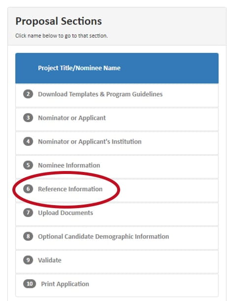 Screenshot from the ProposalCentral Council Awards Application System that show a visual for the following instructional steps: 5. On the left side of the application screen, you will see Proposal Sections. Start at No. 1 and complete each section until you have submitted the application.