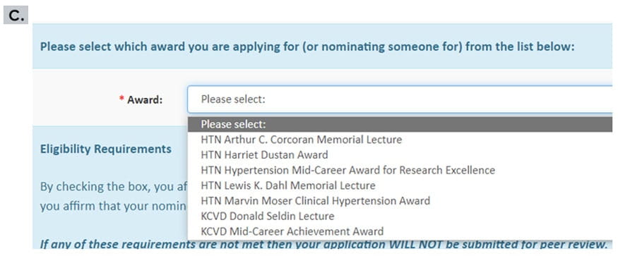 Screenshot from the ProposalCentral Council Awards Application System that show a visual for the following instructional steps: Once in the application, select which award you are applying for (or nominating someone for) from the drop-down list.