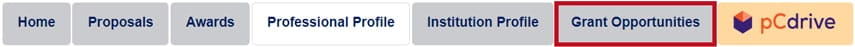 Screenshot from the ProposalCentral Council Awards Application System that show a visual for the following instructional steps: After you have logged in to ProposalCentral, you will see a line of tabs across the top. From the grey tabs, select Grant Opportunities.