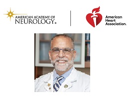 logos of American Academy of Neurology and American Heart Association and portrait of Dr. Sacco