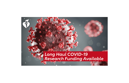 Image of social media ad featuring  image of a covid cell with caption that reads, long haul COVID-19 research funding available.