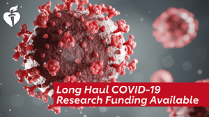 Image of social media ad featuring  image of a covid cell with caption that reads, long haul COVID-19 research funding available.