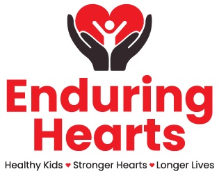 Logo of red heart with graphic of a person with arms raised inside and hands cupping the heart and person from below. Includes the words," Enduring Hearts, 10 years, healthy kids, stronger hearts, better lives."