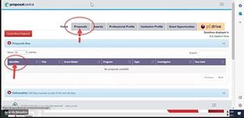 Screenshot in ProposalCentral showing where Proposal and Identifier is on the page 