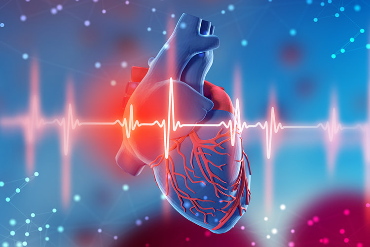 3d illustration of human heart and cardiogram on abstract futuristic blue background. Concept of digital technologies in medicine