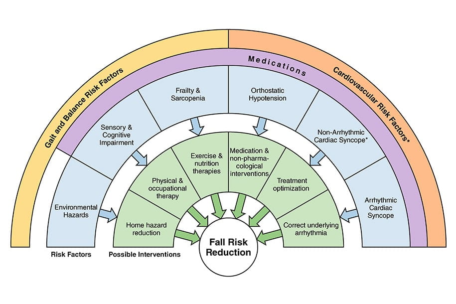 Figure. Approach to preventing and managing falls among adults with CVD. To decrease the risk of falls, it is important to identify risk factors (both cardiovascular and noncardiovascular) and select appropriate possible interventions. *Includes low cardiac index, blood flow obstruction, vasodilation, or acute dissection. CVD indicates cardiovascular disease.