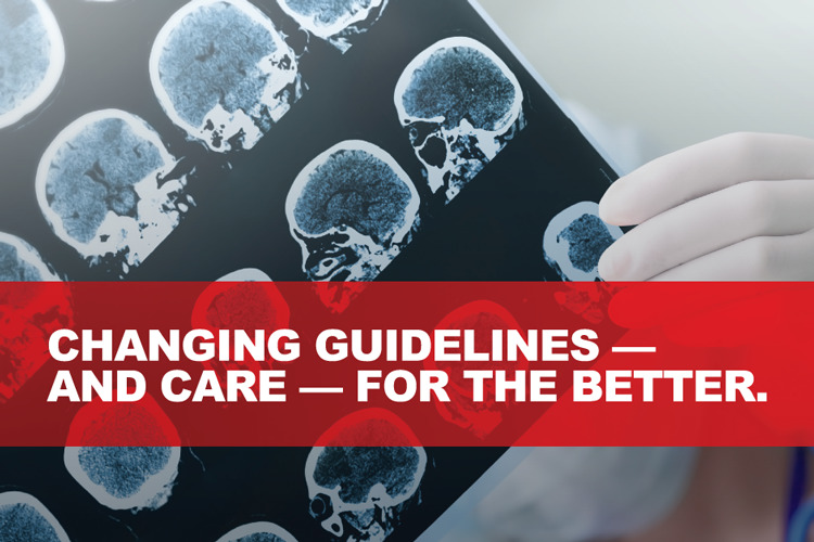 Hand holding imaging of brain with banner reading changing guidelines and care for the better