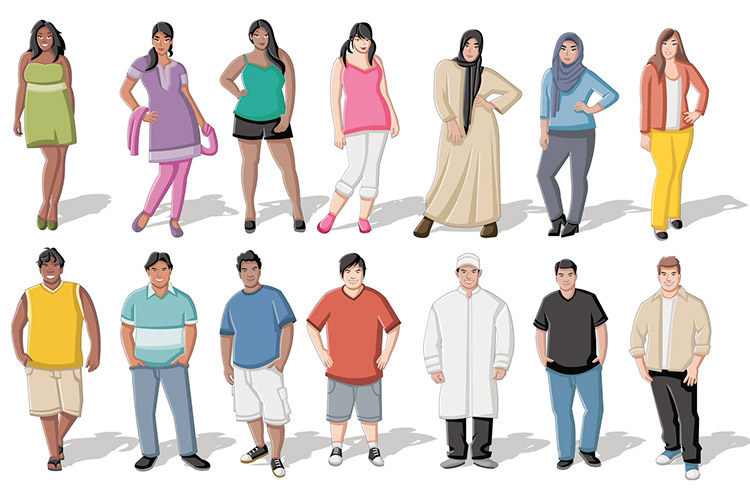 Illustration show a series of overweight young people
