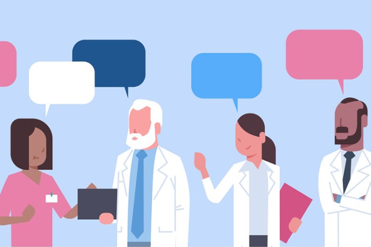 Illustration of a group of doctors, scientists, and other medical professionals with chat bubbles