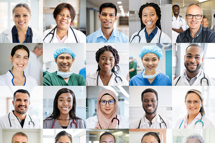 Montage of doctors and nurses in hospitals around the globe