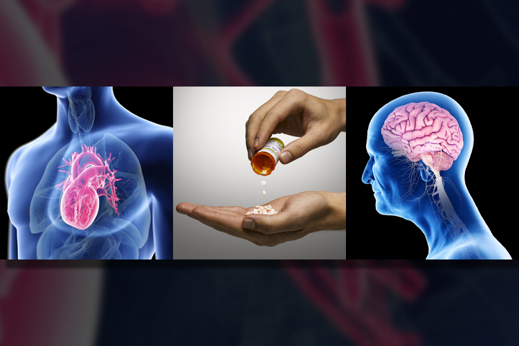 Views of human torso with heart highlighted, head with brain highlighted and man pouring pills into hi hand.