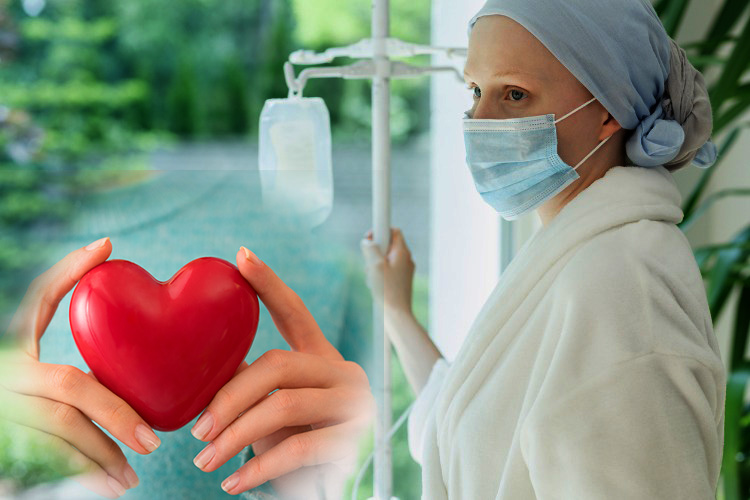 Female cancer patient standing by a window with a young woman holding a red heart in the corner