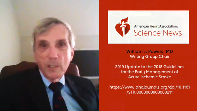 Screen capture from 2019 Update on 2018 Guidelines on the Early Management of Acute Ischemic Stroke video featuring William J. Powers.
