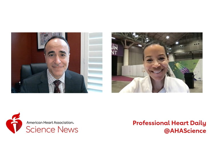 Screen capture from Science News video showing Amit Khera, MD, MSc, FAHA and Joanna Chikwe, MD, FAHA, chairs of the American Heart Association Committee on Scientific Sessions Program, comment on the results of some of the top trials presented during ACC 2023.