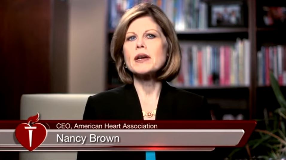 Screen capture featuring AHA CEO Nancy Brown talking in the American Heart Association Releases E-Cigarette Policy Statement video.