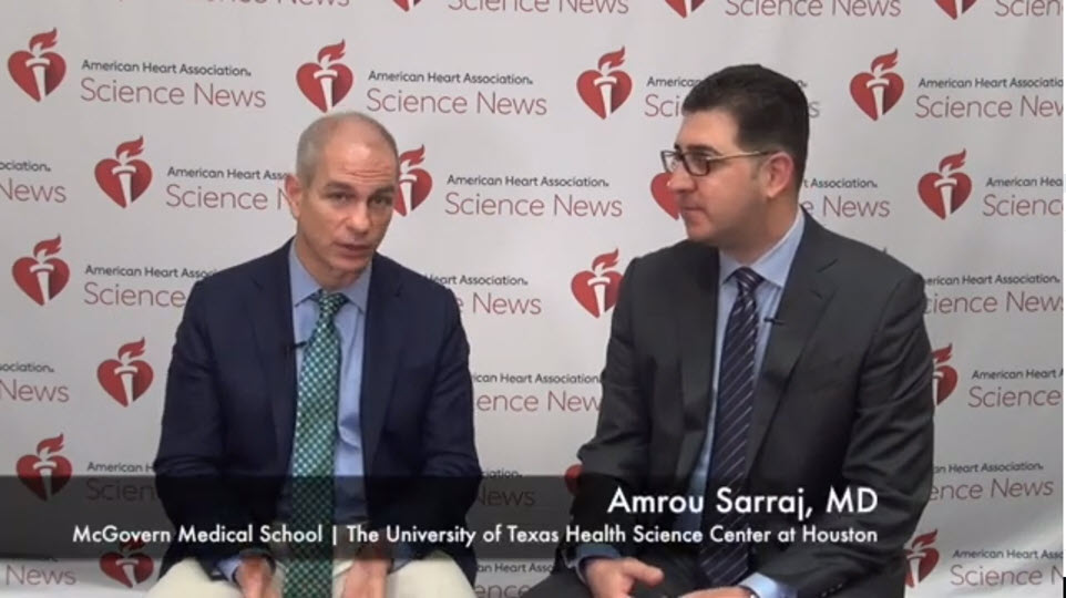 Screen capture of the Endovascular_Thrombectomy_Outcomes_in_Large_Core_video featuring Peter Panagos, MD interviewing Amrou Sarraj, MD.