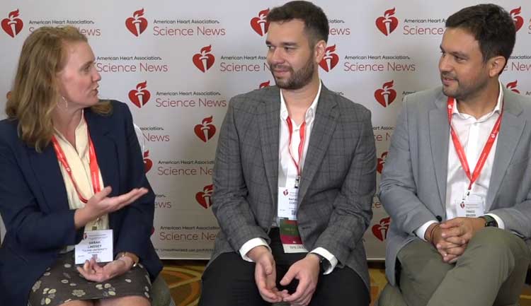 A still frame from a video about Role of CCL5 and CCR5 in the Genesis of Aldosterone-induced Hypertension. Moderator Sarah Lindsey, PhD, FAHA interviews Rafael Costa, PhD and Thiago Bruder, PhD/.