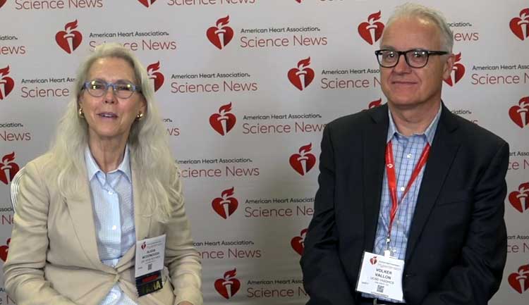 A still frame from a video about SGLT2i in the kidneys. Alicia McDonough, PhD, FAHA, interviews Volker Vallon, MD, FASN, FAPS.