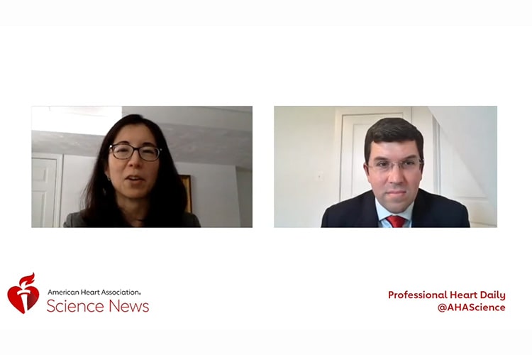Video screen capture showing Writing Group Chair Connie Tsao, MD, MPH, FAHA and Vice Chair Seth Martin, MD, MHS, FAHA summarizing what's new and discussing a few key highlights from this year's update.