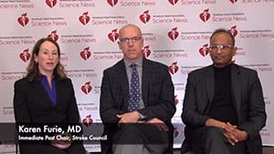 Screen capture from ESCAPE NA1 Trial video featuring Karen Furie, MD, Michael D. Hill, MD, MSc, and Mayank Goyal, MD, PhD