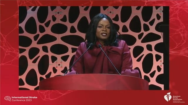 Michelle A Albert, MD, MPH, FACC, FAHA, President of the American Heart Association, delivers the presidential address on the science of health disparities during the opening main event session of #ISC23.