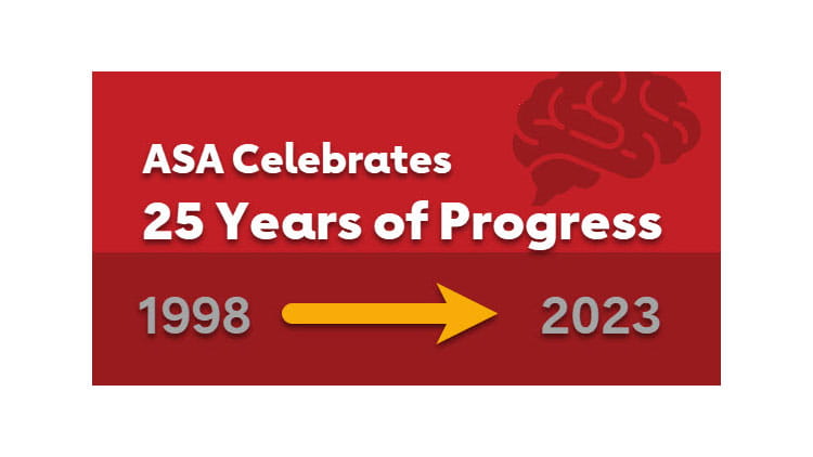 Red graphic with stylized background reading ASA Celebrates 25 Years of Progress. 1998 to 2023