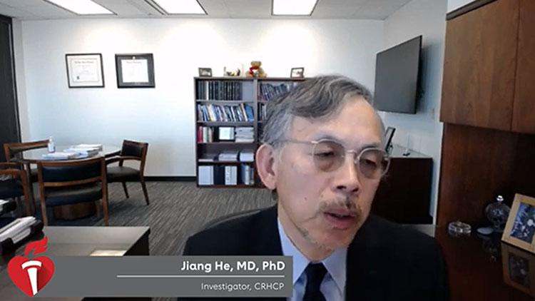 Video still frame showing  Jiang He, MD, PhD, investigator for the Chinese Rural Hypertension Control Project.