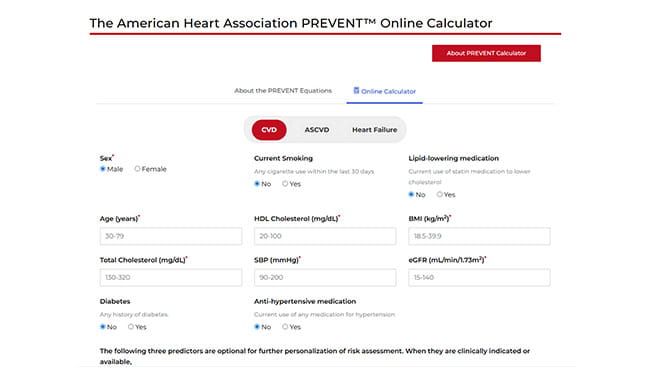 PREVENT Calculator Screenshot