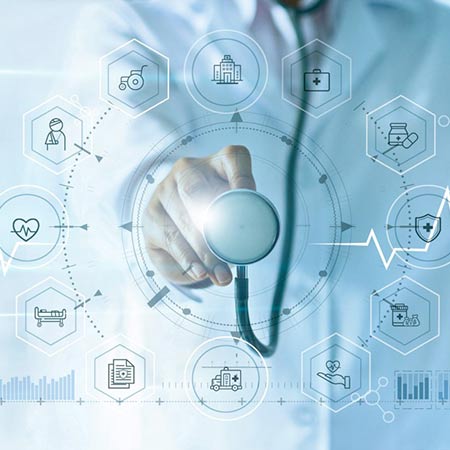 Square photo of doctor's hand holding stethoscope up to hologram of icons representing human health concerns.