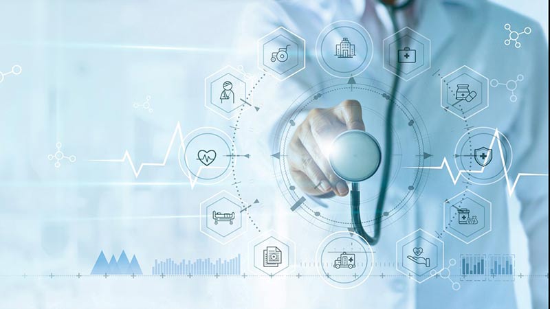 Rectangular graphic of doctor's hand holding stethoscope up to hologram of icons representing human health concerns