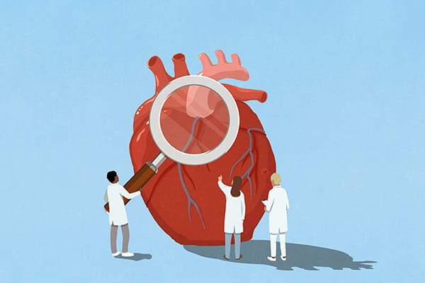 Cardiologist doctors holding large magnifying glass over heart stock illustration