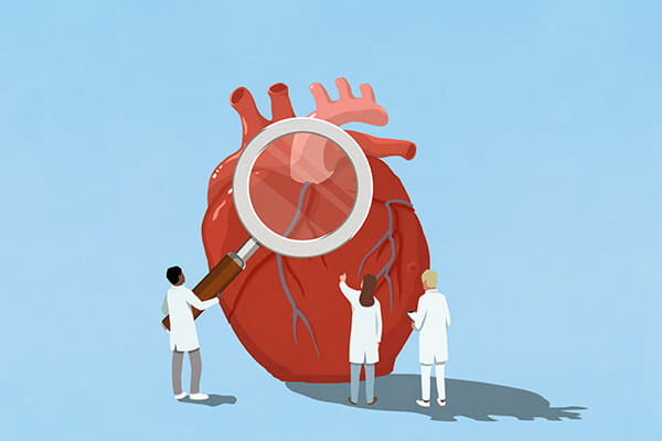 Cardiologist doctors holding large magnifying glass over heart - stock illustration